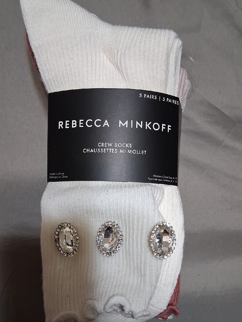 NWT 5 Pair Rebecca Minkoff Earth Tones Crew Socks with Crystal Accents On One